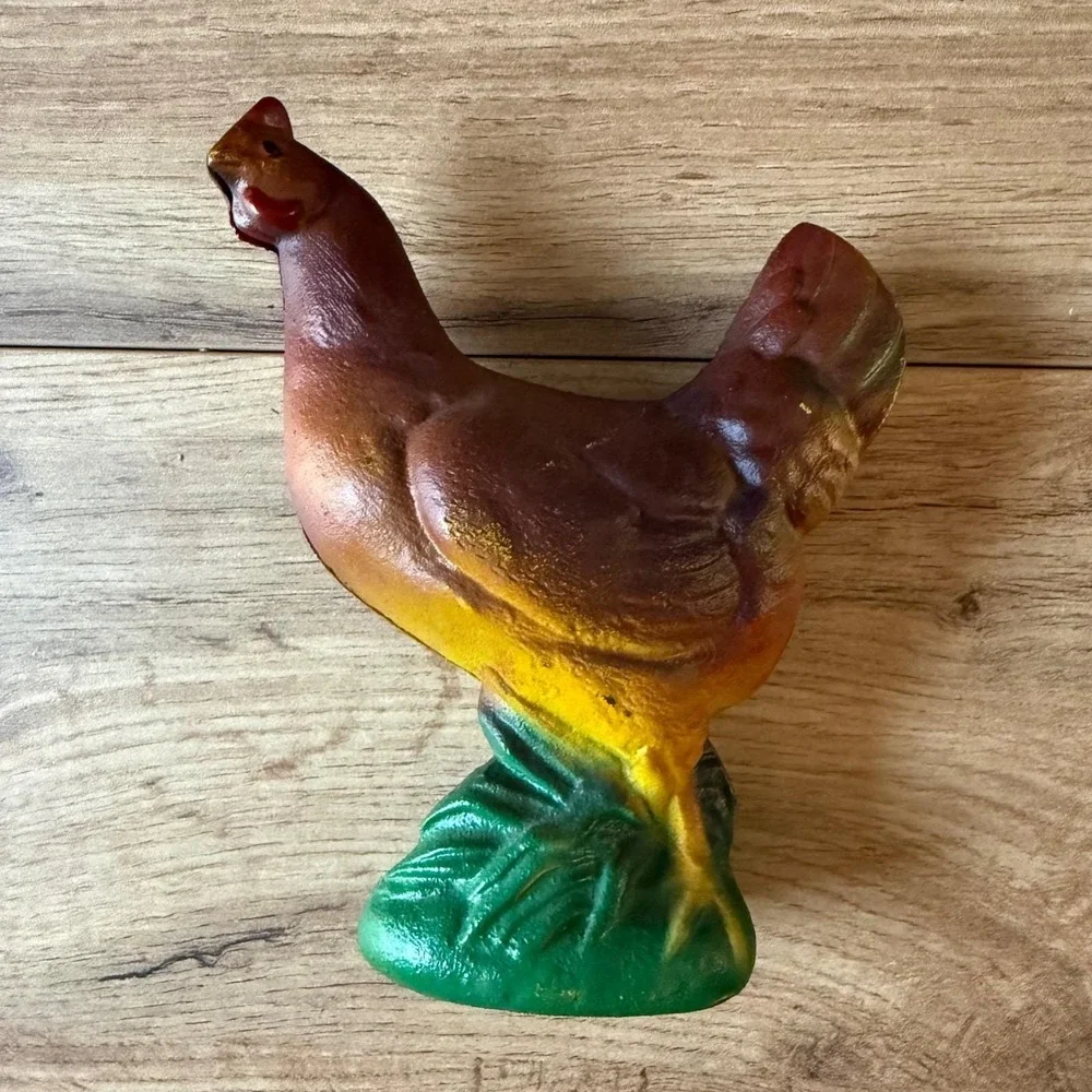Vintage Cast Iron Hen Chicken Coin Bank Farmhouse Decor Brown Green 5.5